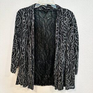 NWOT True Envy Open Front Stretch Top Black Metallic Silver 3/4 Sleeve Womens 14